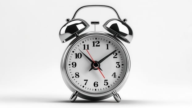 Chrome twin bell alarm clock white face, black numerals red second hand photo