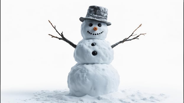 Classic snowman, top hat, twig arms, snowy base photo