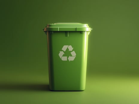 a Green recycling bin with recycling symbol it, placed against matching green background, emphasizing eco friendly waste management photo
