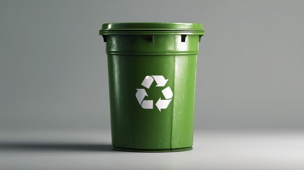 Green recycling bin with white recycling symbol on it, placed on plain surface with neutral background, emphasizing eco friendly waste disposal photo