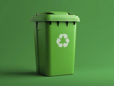 Green recycling bin with white recycling symbol it, set against matching green background, emphasizing eco friendly waste management and recycling photo