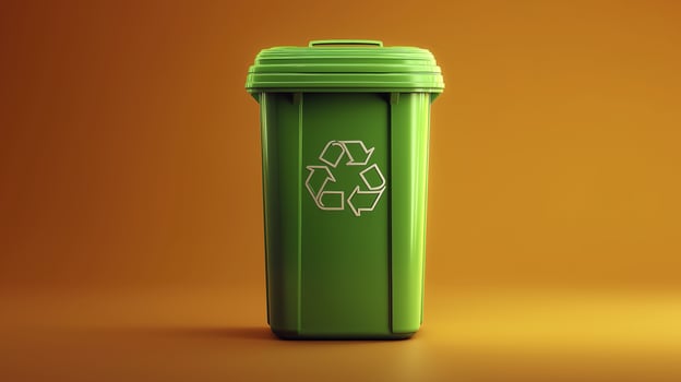 Green trash can with recycling symbol it, standing brown background, symbolizing waste separation and environmental awareness, eco friendly waste photo