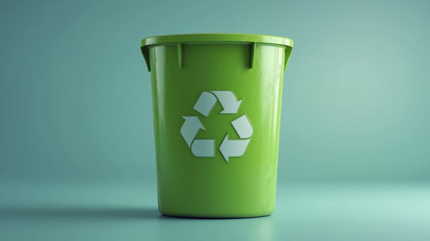 Green recycling bin with white recycling symbol it, placed plain background, emphasizing eco friendly waste management and environmental photo