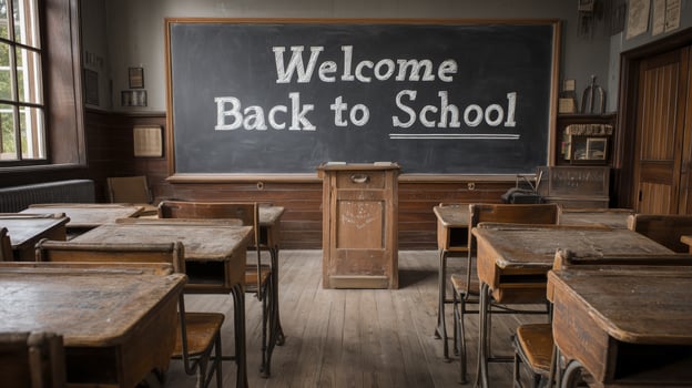 Empty classroom with wooden desks and chairs chalkboard with welcoming message natural light from windows vintage school setting nostalgic photo