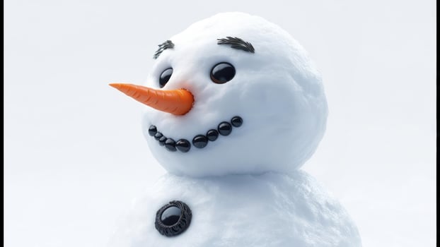 Close-up of a snowman's head and upper body, crafted from snow, with simple facial features made from natural materials photo