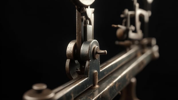 Close-up of an antique, dark metal instrument with intricate details and visible wear photo