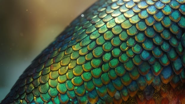 Close-up of iridescent scales, showing vibrant green, blue, and gold hues photo