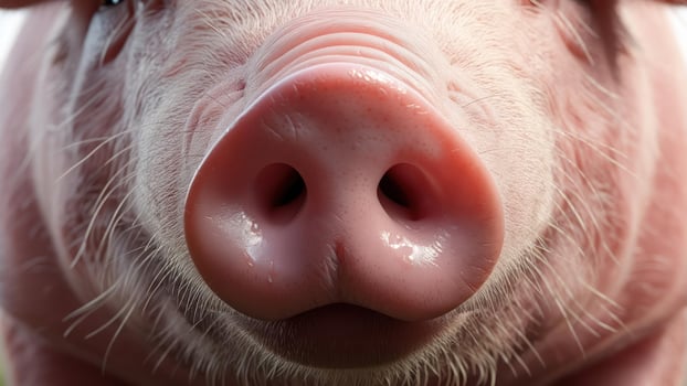 Close-up view of a pig's wet, pink snout and whiskers photo