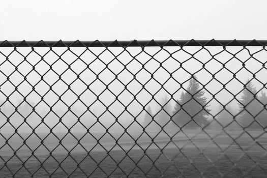 A fence is seen in the fog with trees in the background photo