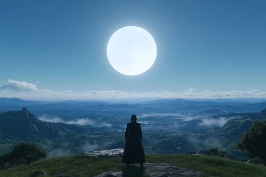 A man standing on a hill looking at the moon photo