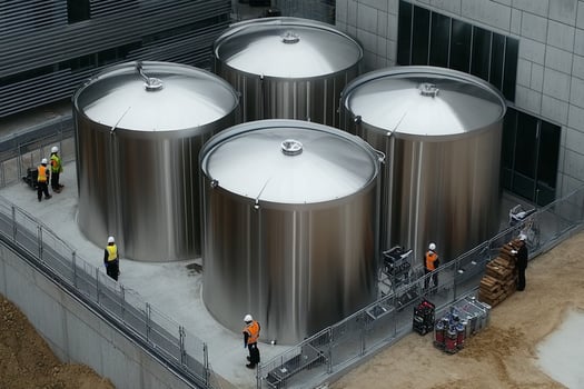 A group of workers are standing around a large metal tank photo
