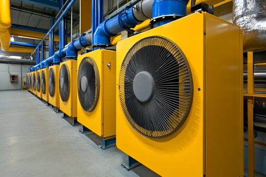 A row of yellow air conditioners in a factory photo