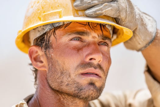 Construction worker taking a break wiping sweat from his forehead photo
