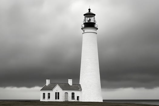 A black and white photo of a lighthouse on a cloudy day
