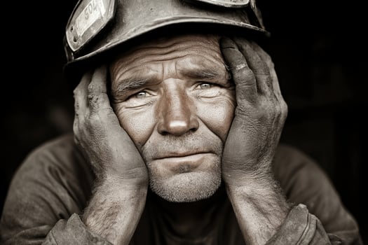 A man in a hard hat is holding his head photo