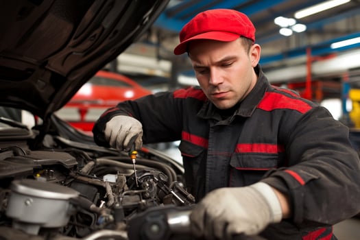 A man in a red hat and red gloves working on a car photo