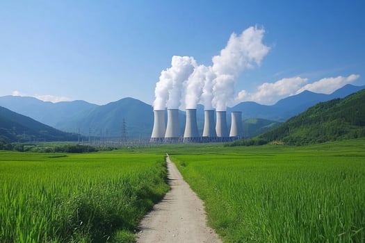 A path leading to a power plant with smoke coming out of the chimneys photo