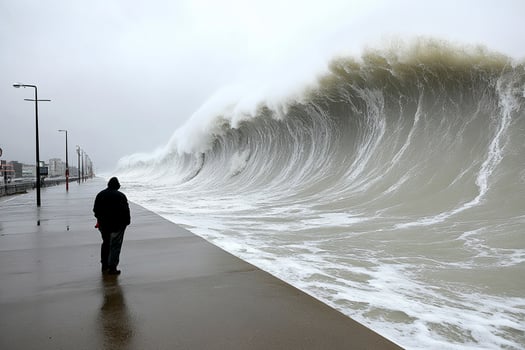 A man stands on the sidewalk looking at a large wave photo