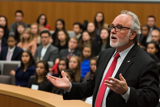 A man in a suit and tie speaking in front of a crowd photo