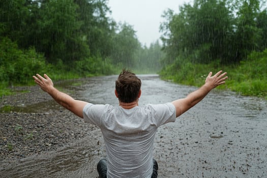 Man sitting on wet ground with arms outstretched photo