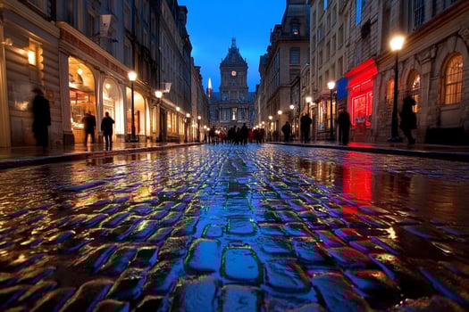 A cobblestone street at night with people walking on it photo