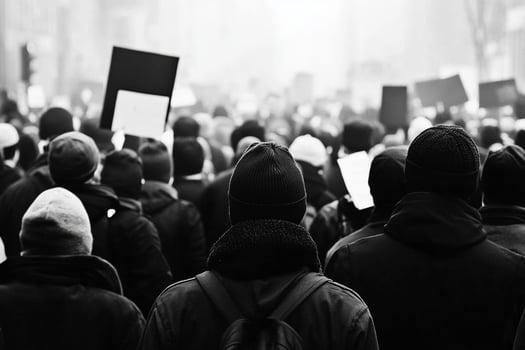 Black and white photo of a crowd of people holding signs