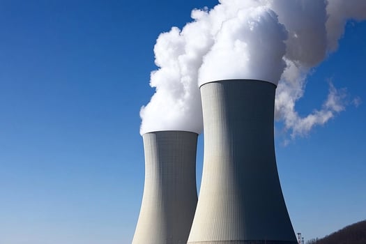 Two nuclear power plants with smoke coming out of them photo