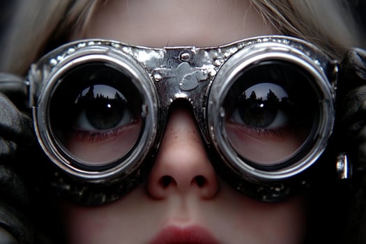 A young girl wearing goggles and holding a pair of glasses photo