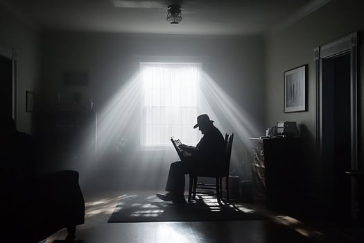 A man sits in a chair in a room with sunlight streaming through the window photo