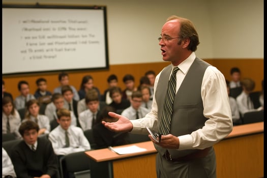 A man in a suit and tie giving a speech to a group of students photo
