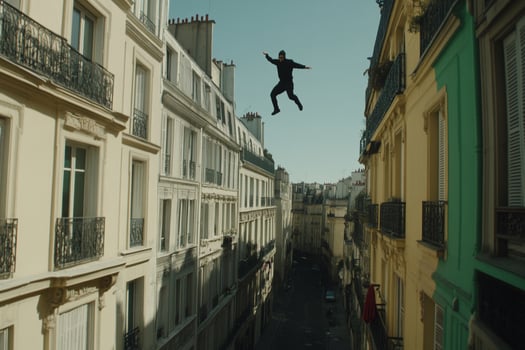 A man in a black suit is flying through the air in a narrow street photo