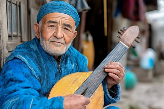 An old man playing a lute in the street photo