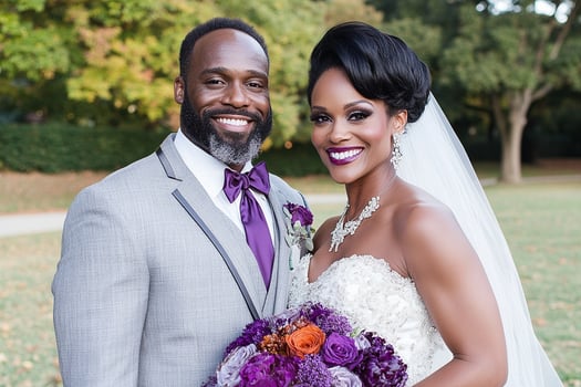 A black man and woman in purple wedding attire photo