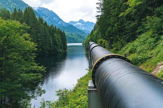 A pipe with a large body of water and a mountain in the background photo