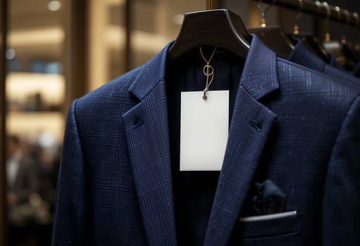 Stylish Blue Textured Blazer Hanging on a Hanger with a Blank Tag Ready for Pricing or Information photo