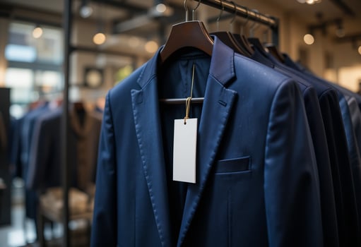 Elegant Blue Suit Hanging in a Store Display Ready for Purchase photo