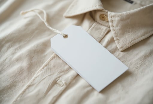Close Up of a Blank White Price Tag Hanging on a Textured Fabric Shirt Collar photo