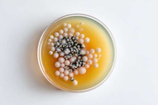 Mold growing on agar in petri dish on white background photo
