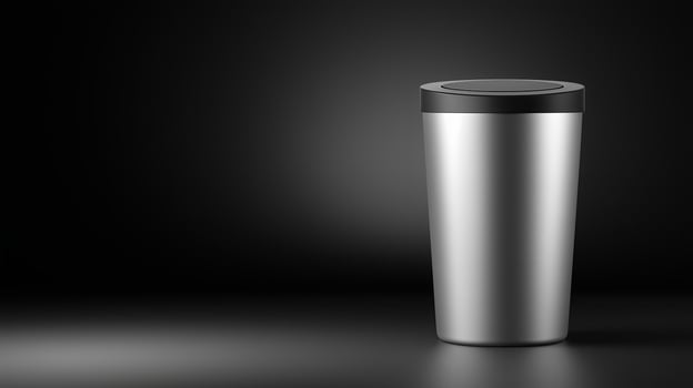 Modern stainless steel travel mug on a dark background with soft lighting photo