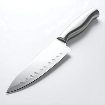 Modern Stainless Steel Chef's Knife with Dimpled Blade on White Background photo