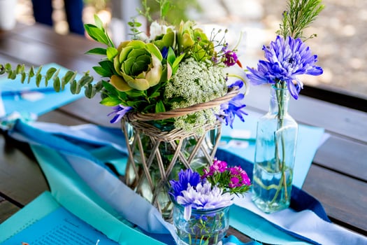 A table with flowers and a vase photo