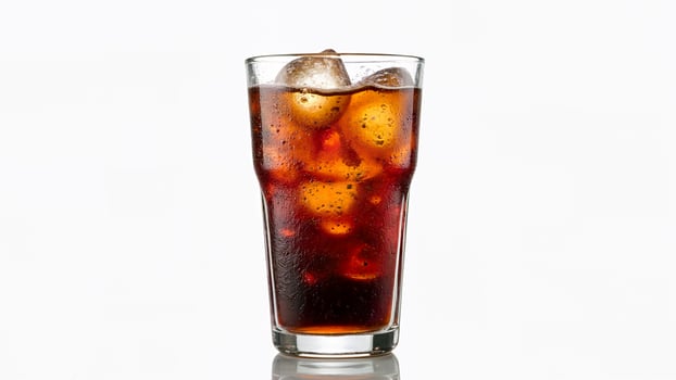 A transparent glass filled with cold cola and ice cubes is isolated on a white background. Suitable for illustrating beverage, refreshment, or drink concepts in advertising and editorial content. photo