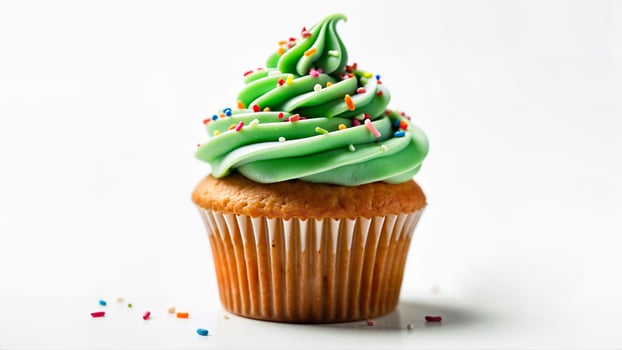 A single sweet cupcake with green buttercream frosting and multicolored sprinkles is isolated on a white background. Suitable for bakery menus, dessert promotions, or festive celebration designs. photo