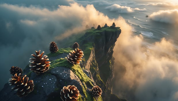 Majestic cliffside view with pine cones, overlooking ocean waves and misty clouds at sunset photo