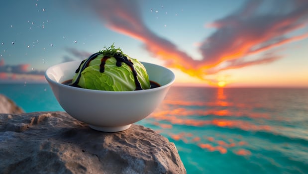 A bowl of food sitting on a rock photo