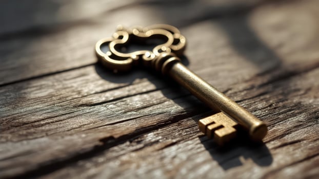 Ornate golden key rests on aged wood photo