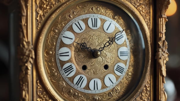 Ornate golden clock face with Roman numerals photo