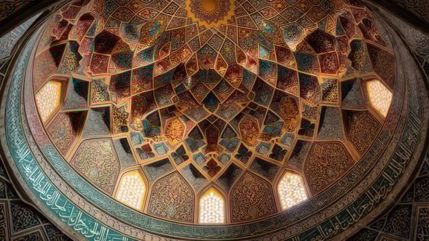 Ornate interior dome, geometric patterns and calligraphy photo