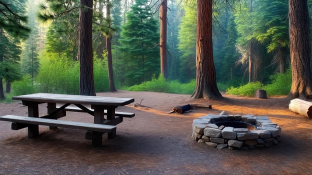 Serene forest campsite with picnic table and fire pit photo
