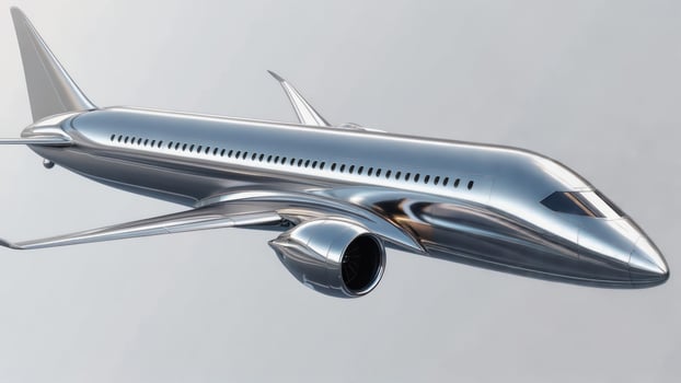 Sleek, silver passenger jet in flight against a muted sky photo